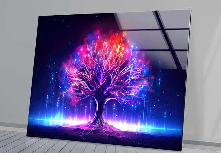 Leuchtende Fantasy-Baum-Wandkunst – Abstraktes Glasdruckdesign mit Neonlicht