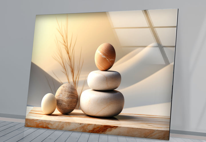Zen Balance Glaswandkunst – Minimalistische Steinskulptur im Wüstenlicht 