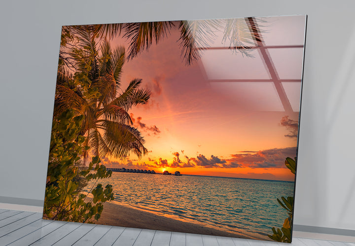 Tropical Sunset Beach Wall Art – Palm Tree Ocean View Glass Print