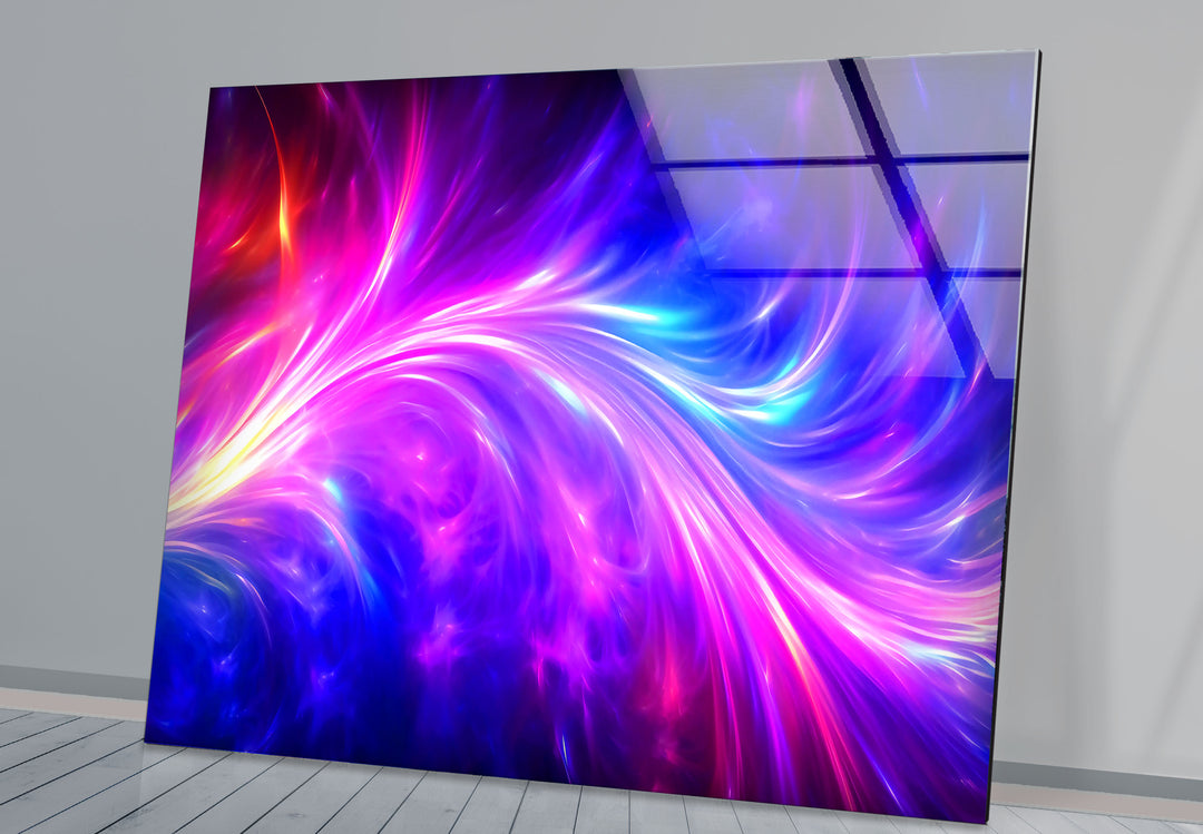 Wandkunst mit kosmischer Energie – Lebendiger abstrakter Glasdruck mit Neonwirbel 