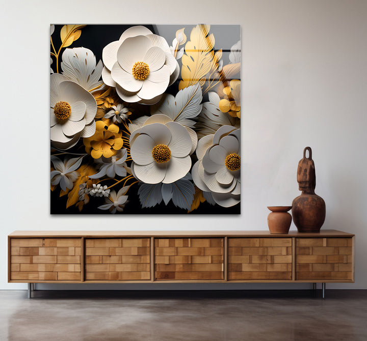Luxuriöse florale Glaswandkunst – Gold- und weißes 3D-Blumendesign 