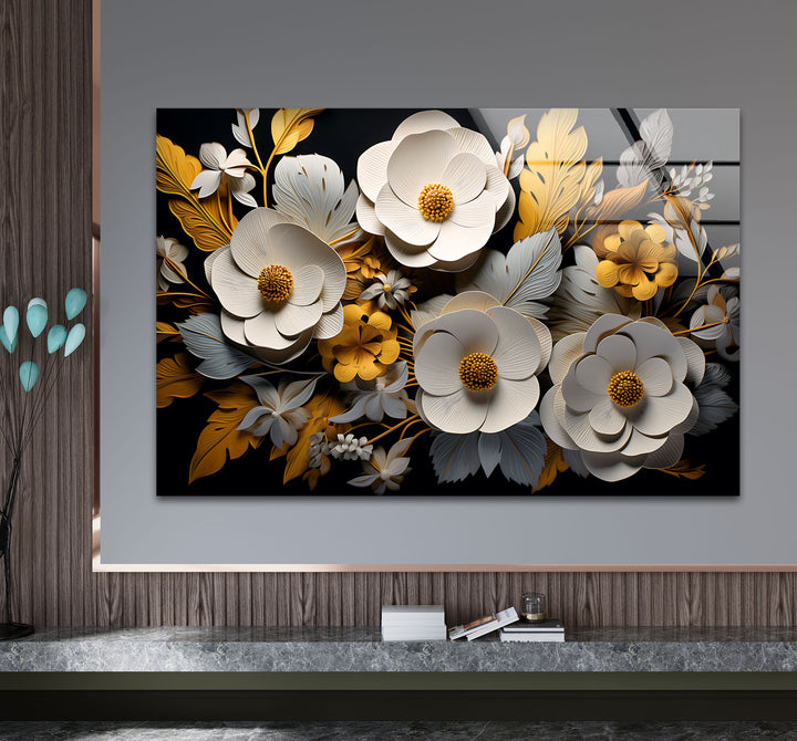 Luxuriöse florale Glaswandkunst – Gold- und weißes 3D-Blumendesign 