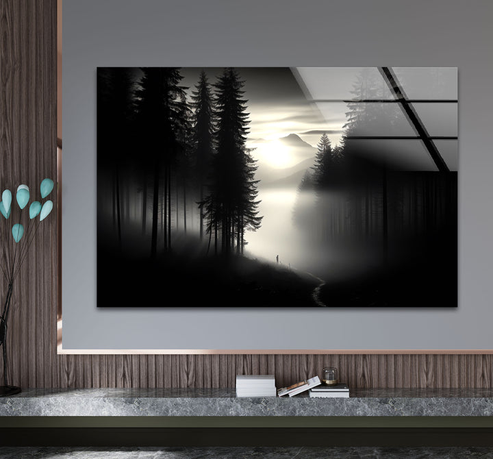 Foggy Forest Black and White Wall Art – Minimalist Glass Print Decor