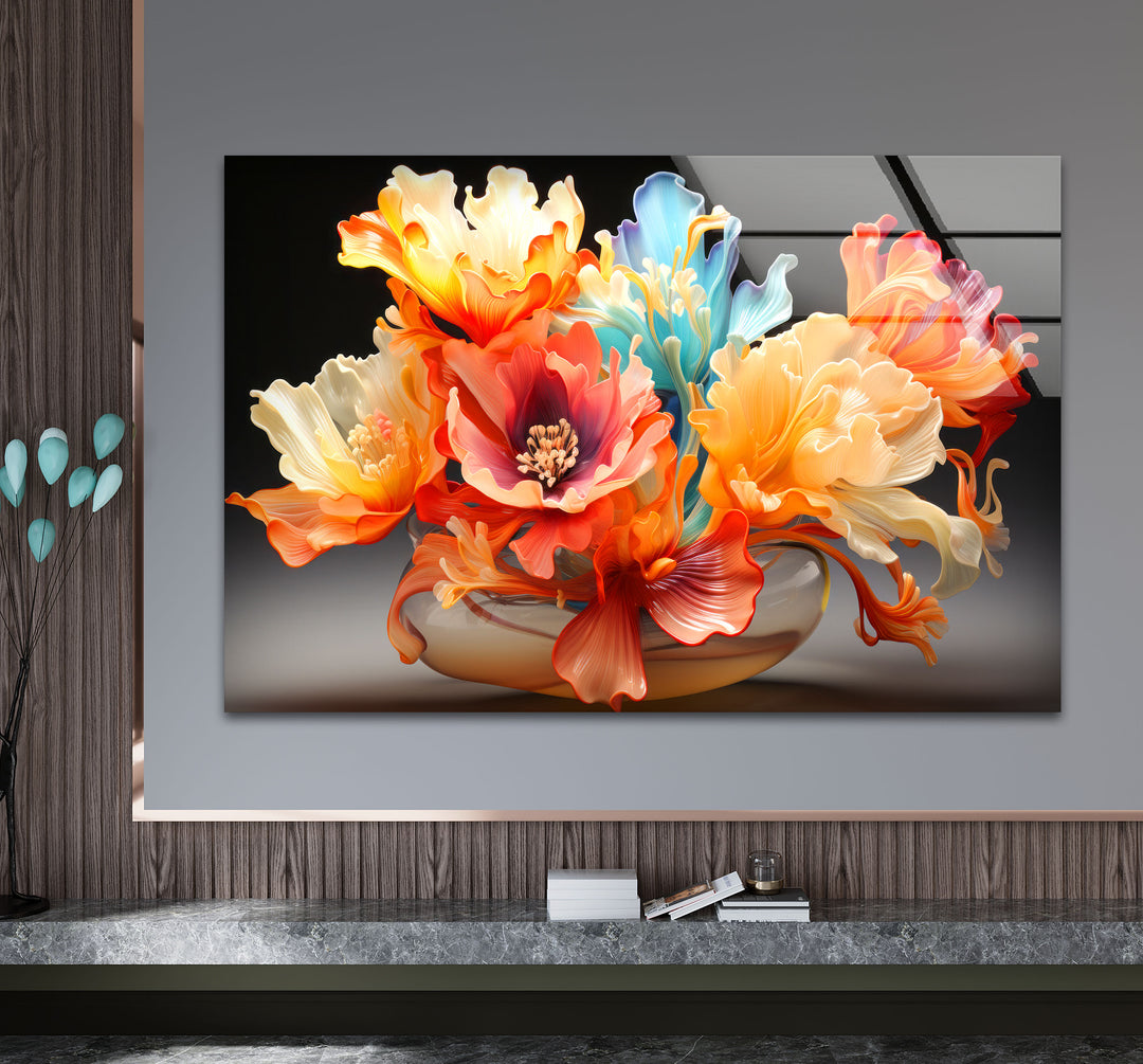 Color Bloom Glaswandkunst – Lebendiger floraler abstrakter Druck 