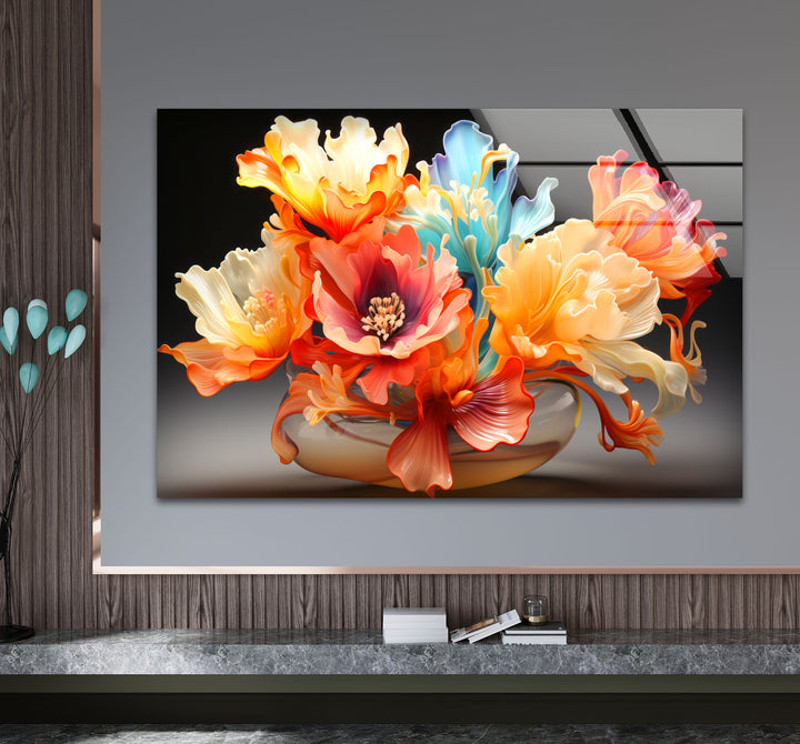 Color Bloom Glaswandkunst – Lebendiger floraler abstrakter Druck 