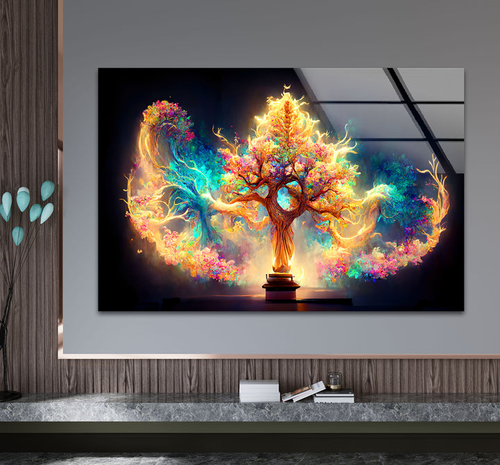 Fantasy-Baum des Lebens Wandkunst – Strahlendes, magisch leuchtendes Glasdruck-Design