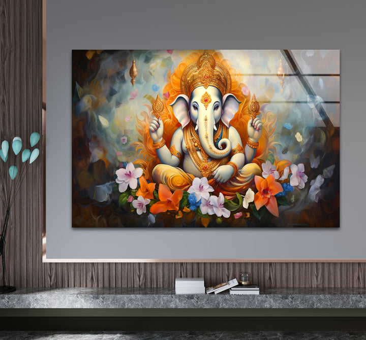 Sacred Ganesha Wall Art – Divine Floral Hindu Decor Glass Print