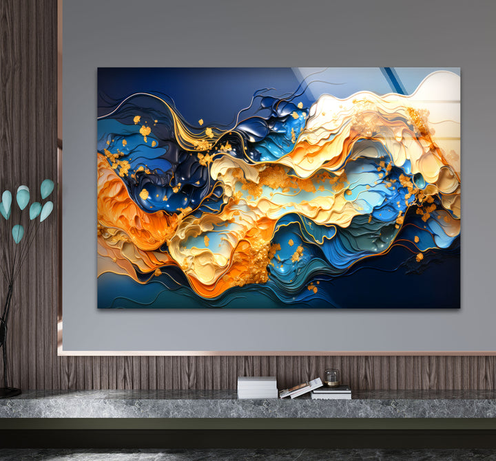 Blue Gold Abstract Wave Wall Art – Modern Fluid Glass Print for Interior Elegance