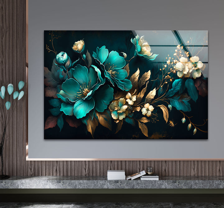 Blaugrüne und goldene florale Wandkunst – Luxuriöses botanisches Glasdruckdesign