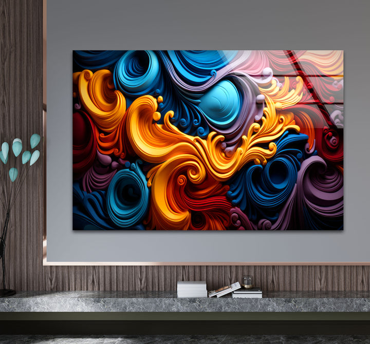 Vibrant Swirl Glass Wall Art – Bold Abstract Color Wave Design
