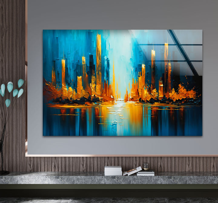 Blue and Gold Abstract City Wall Art – Vibrant Skyline Glass Print