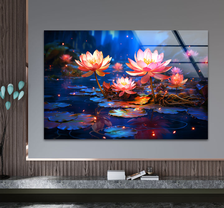 Enchanted Lotus Bloom Wall Art – Tranquil Water Lily Glass Print
