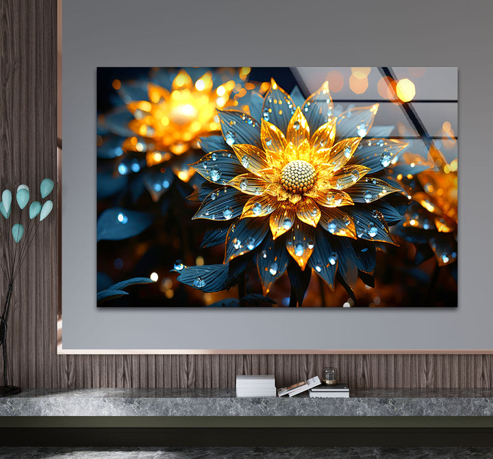 Golden Glow Floral Wall Art – Illuminated Flower Glass Print Design
