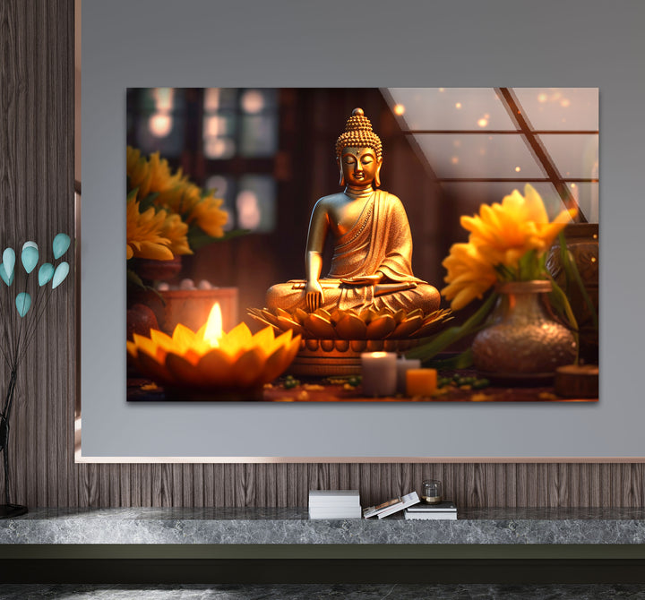 Golden Buddha Serenity Wall Art – Peaceful Candlelit Meditation Glass Print
