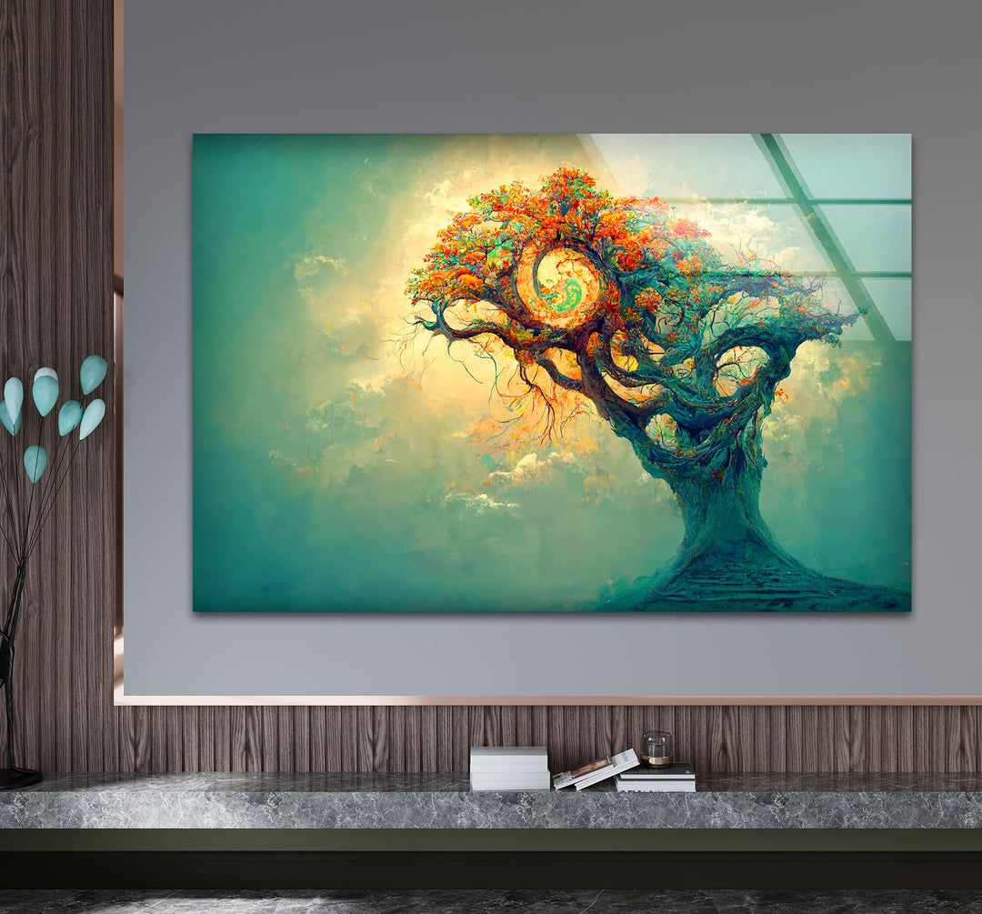 Spiralbaum-Wandkunst – Mystisches Fantasy-Lebensbaum-Glasdruck-Design