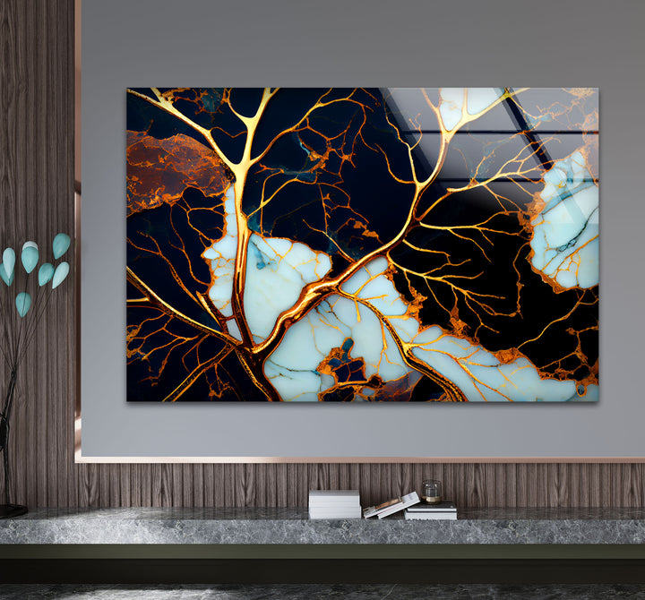 Electric Veins Abstrakte Wandkunst – Goldmarmor-inspirierter Glasdruck
