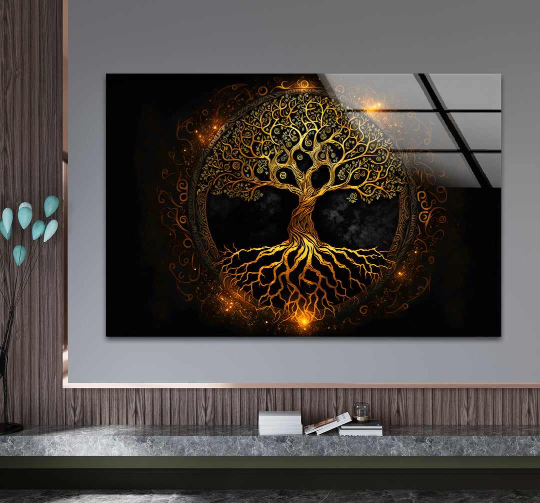 Wandkunst „Baum des Lebens“ – Leuchtendes goldenes Design mit Wurzeln und Zweigen auf Glas