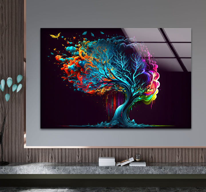 Farbenfrohe Fantasy-Baum-Wandkunst – Lebendiges abstraktes Glasdruck-Design