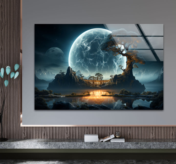 Moonlit Zen Temple Wall Art – Futuristic Landscape Glass Print