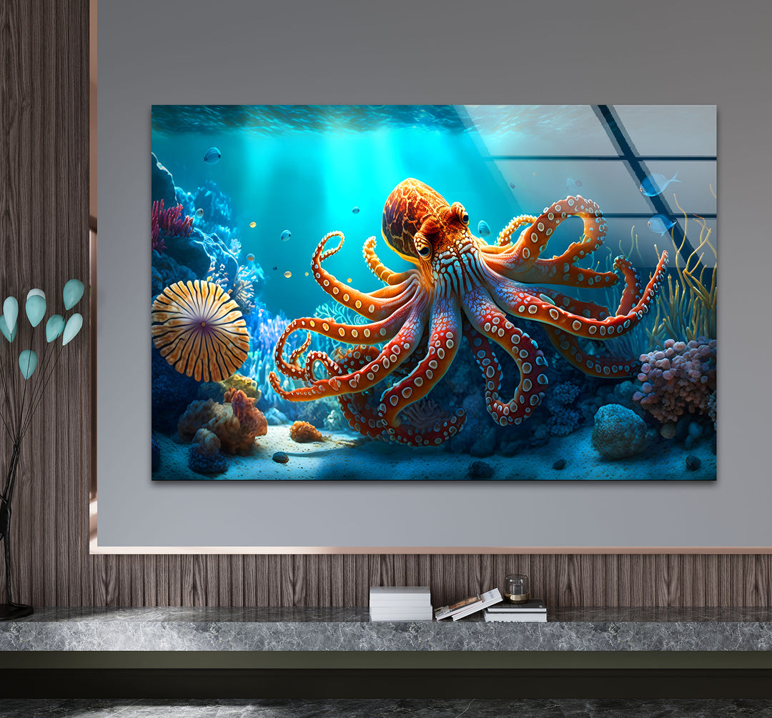 Octopus Underwater Wall Art – Vibrant Coral Reef Ocean Scene Glass Print