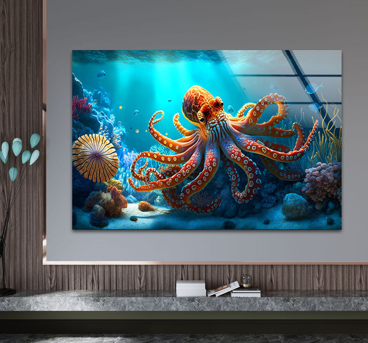 Octopus Underwater Wall Art – Vibrant Coral Reef Ocean Scene Glass Print