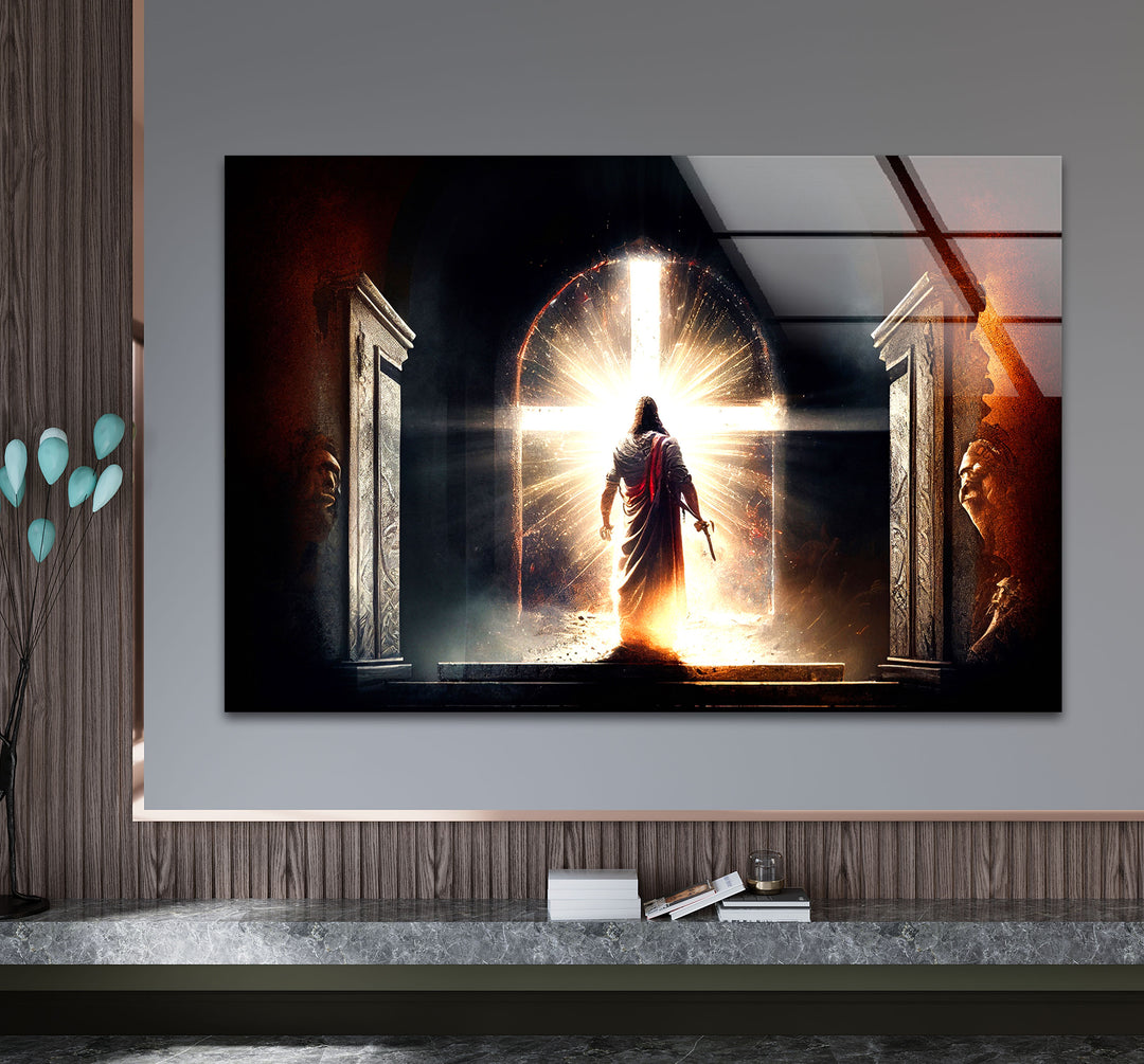 Jesus steht vor dem strahlenden Kreuz – Christlicher Wandbild-Glasdruck