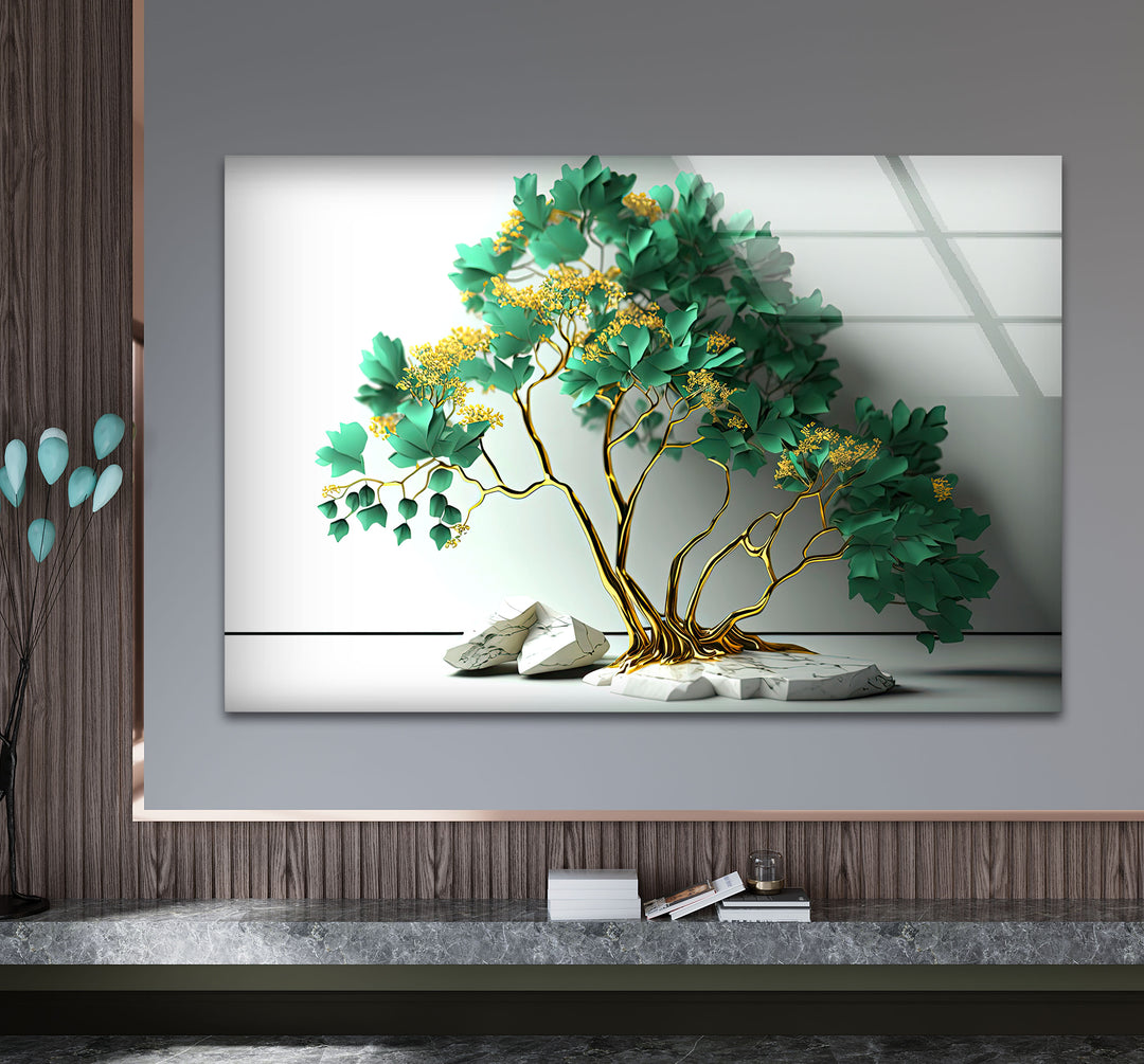 Elegante grüne Baum-Wandkunst – Goldener botanischer Glasdruck mit Marmorsockel