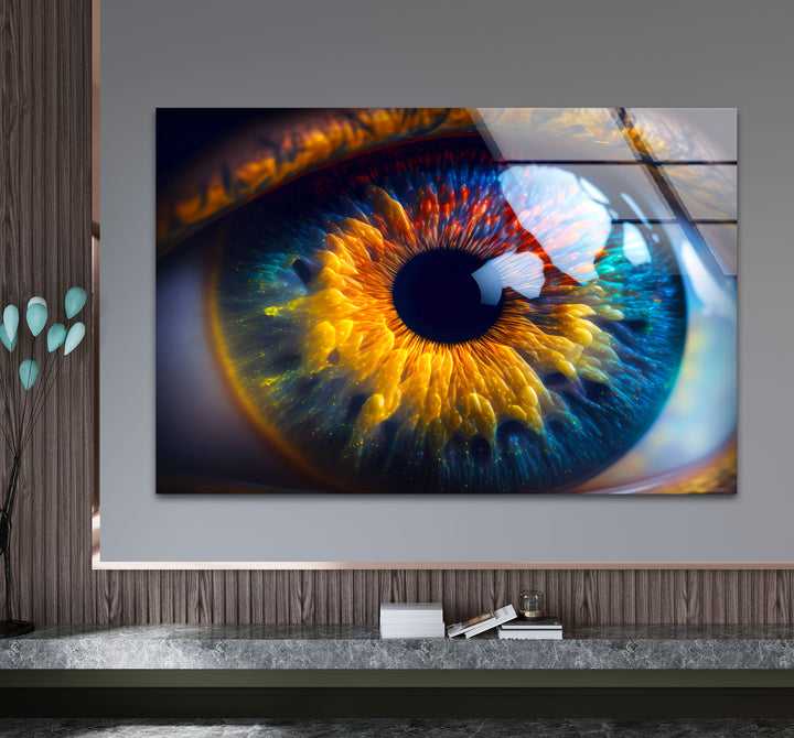 Feurige abstrakte Augen-Wandkunst – Lebendiges Iris-Glasdruck-Design