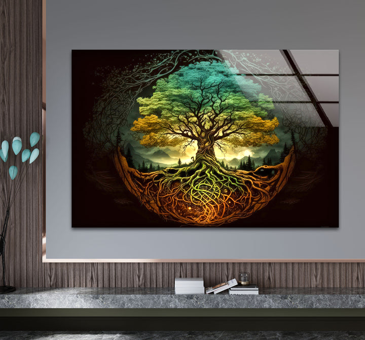 Wandkunst „Baum des Lebens“ – Lebendige Wurzeln und Waldenergie-Glasdruckdesign