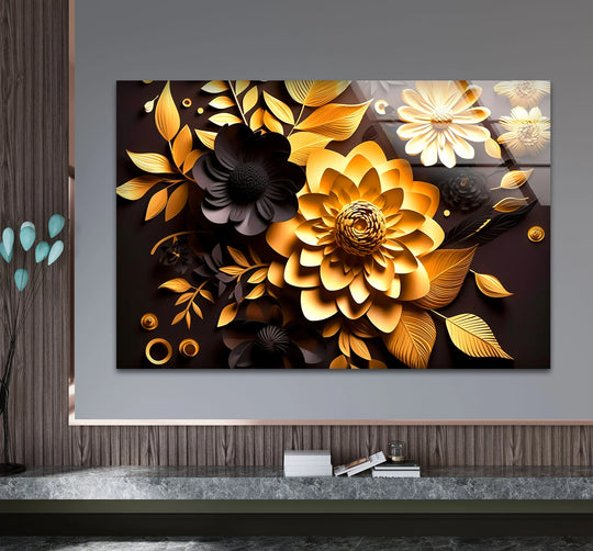 Centering the eye, this captivating golden bloom floral tempered glass decor showcases luxurious black and gold floral patterns, adding depth and artistic elegance to the room with striking glass wall art decor.