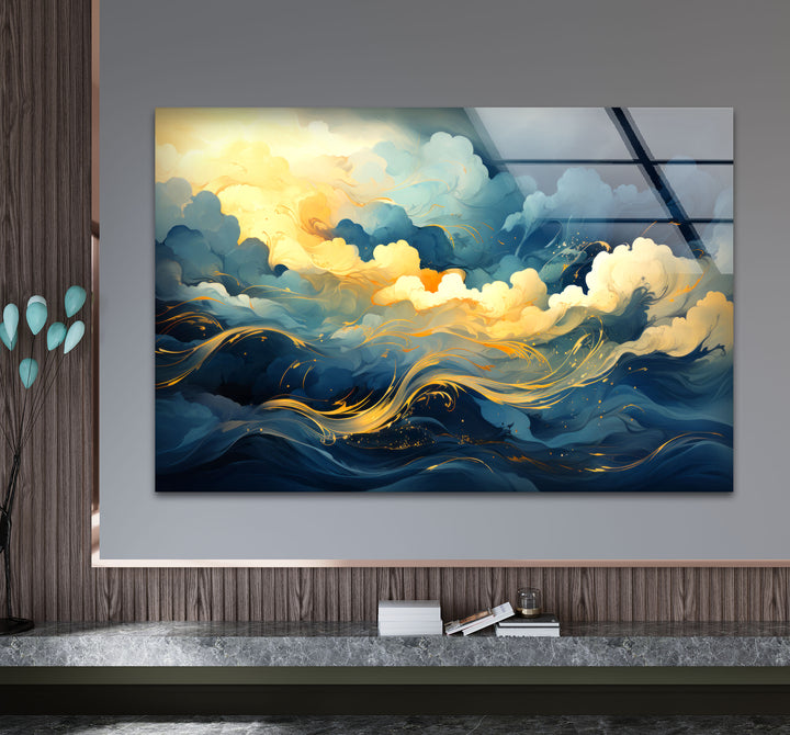 Goldener Himmel &amp; Meereswellen Wandkunst – Abstrakter Glasdruck von Dreamy Horizon 