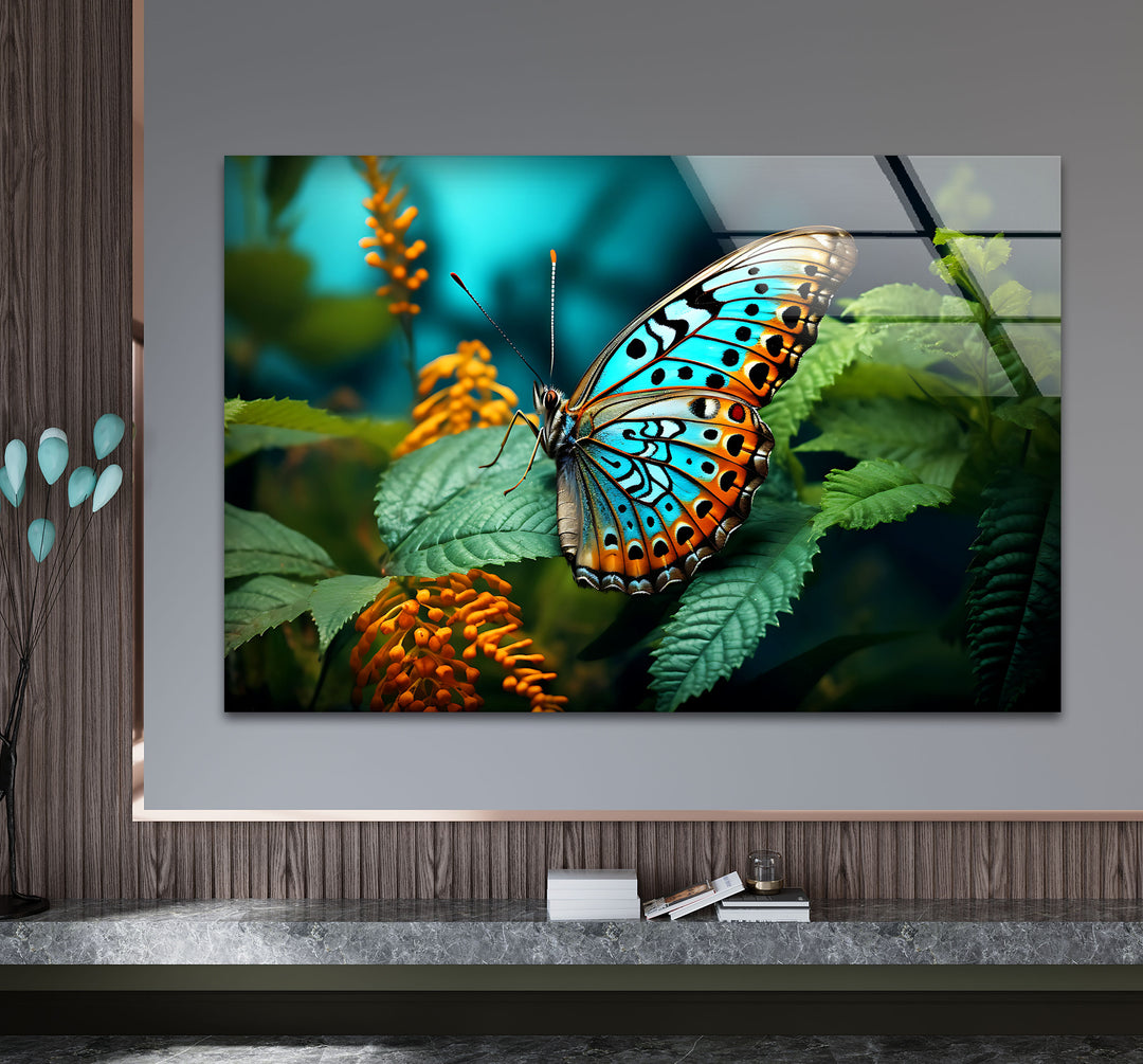 Blue Monarch Glaswandkunst – Lebendiger Schmetterling auf Blattdruck 