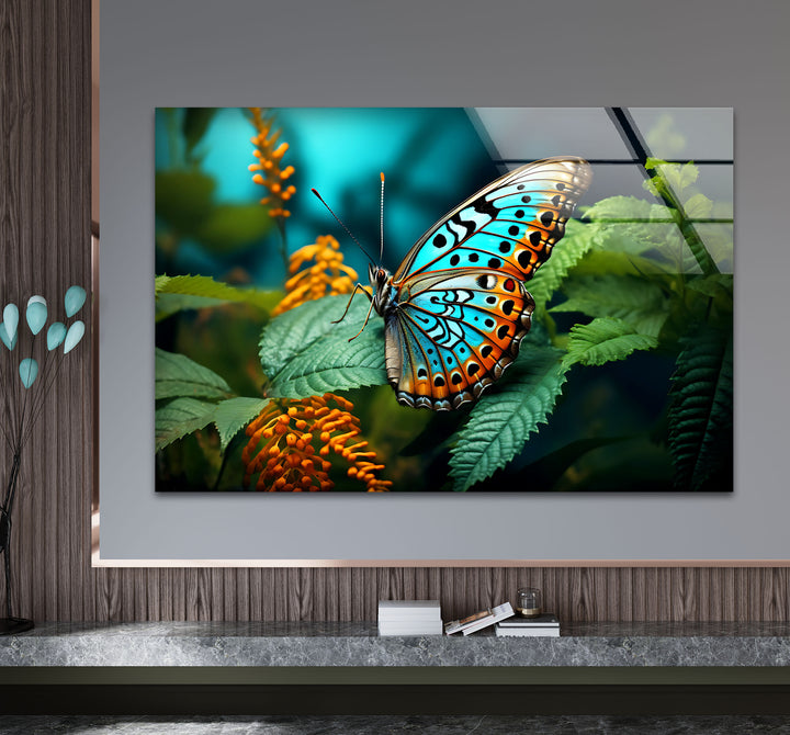Blue Monarch Glaswandkunst – Lebendiger Schmetterling auf Blattdruck 