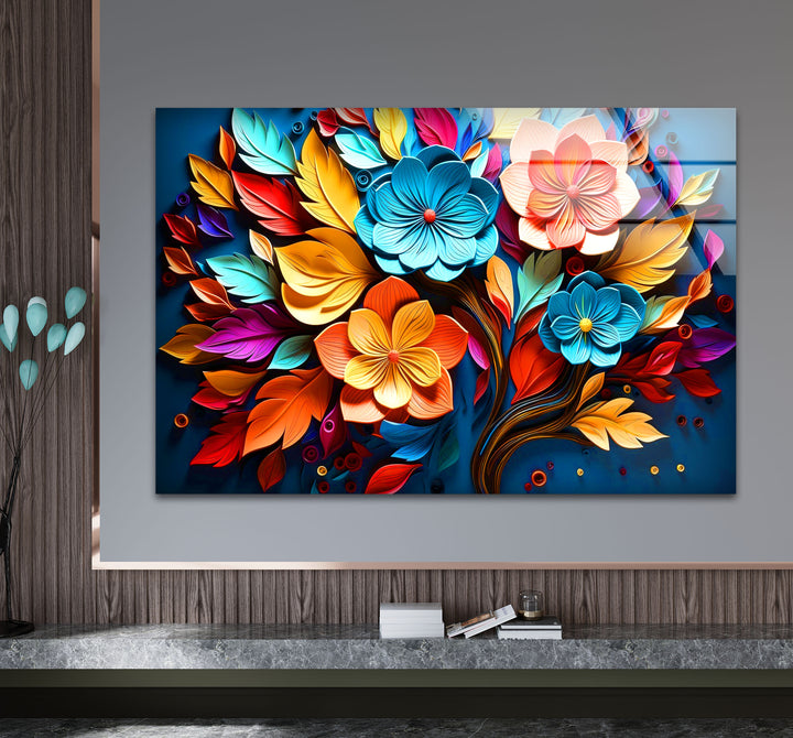 Lebendige florale Explosions-Wandkunst – Buntes Blumendesign aus gehärtetem Glas