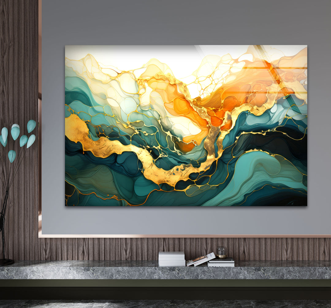 Golden Horizon Abstract Wall Art – Emerald & Gold Tempered Glass Print