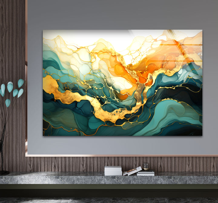 Golden Horizon Abstract Wall Art – Emerald & Gold Tempered Glass Print