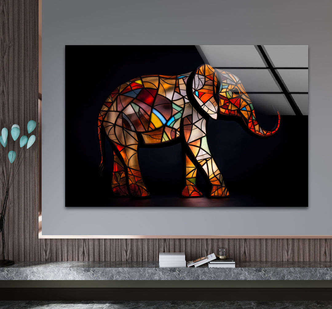 Stained Glass Elephant Wall Art – Colorful Animal Glass Print for Modern Decor