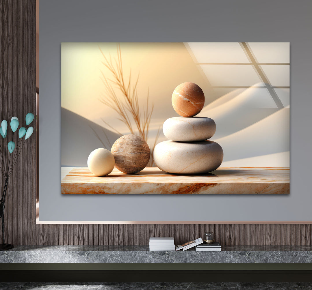 Zen Balance Glaswandkunst – Minimalistische Steinskulptur im Wüstenlicht 
