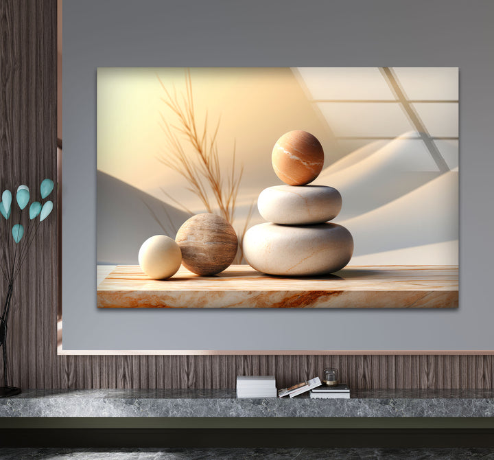 Zen Balance Glaswandkunst – Minimalistische Steinskulptur im Wüstenlicht 
