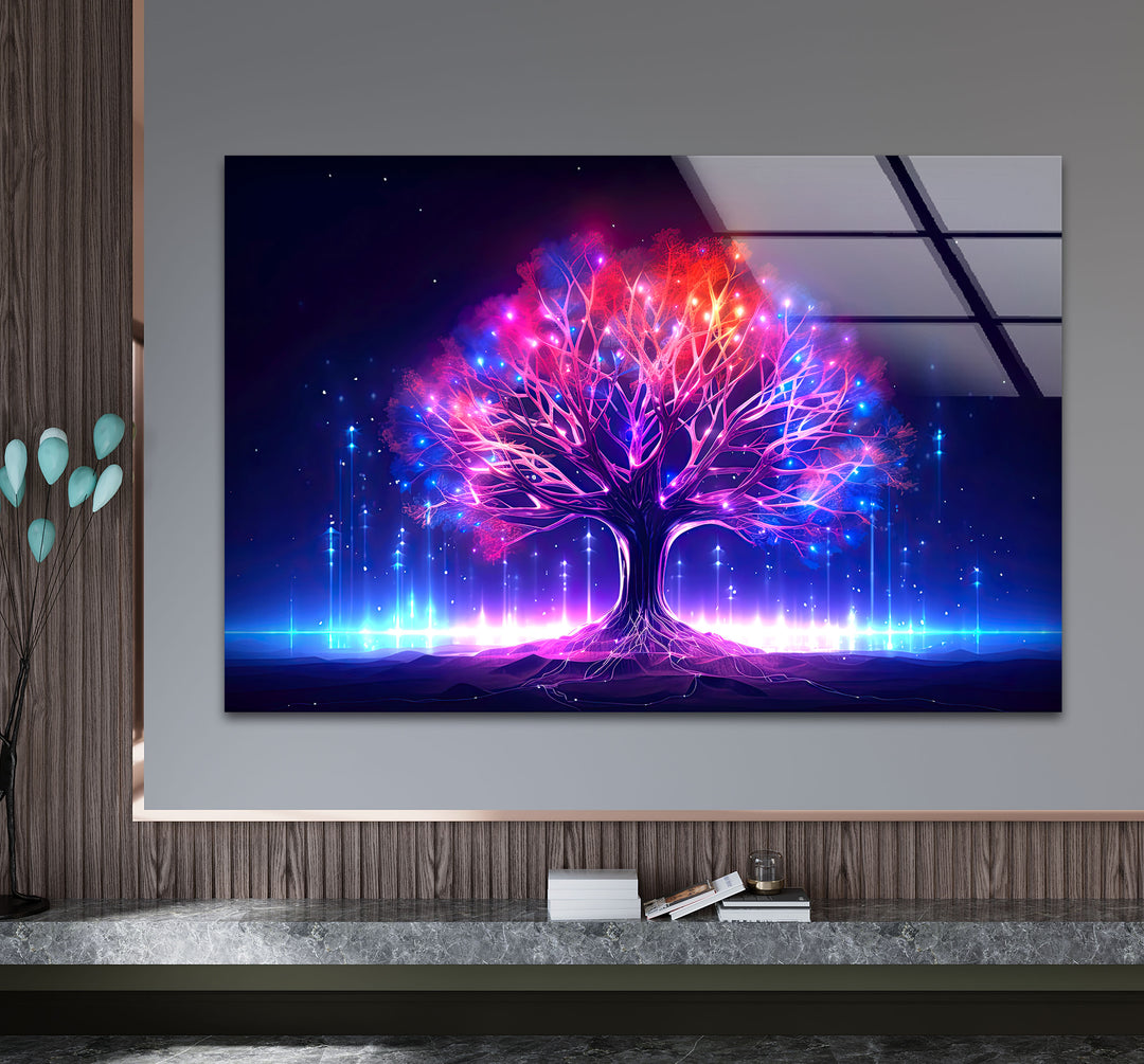 Leuchtende Fantasy-Baum-Wandkunst – Abstraktes Glasdruckdesign mit Neonlicht
