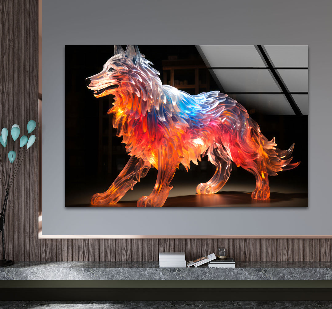 Glowing Wolf Wall Art – Abstract Fiery Glass Sculpture Print Design