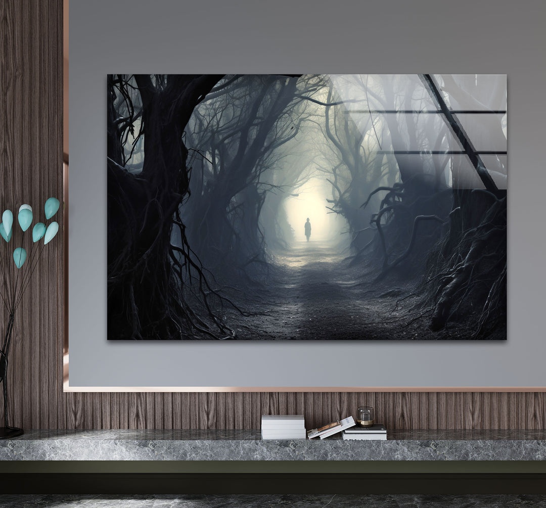 Geheimnisvoller Waldweg Wandkunst – Dunkler Fantasy-Glasdruck für die Inneneinrichtung 