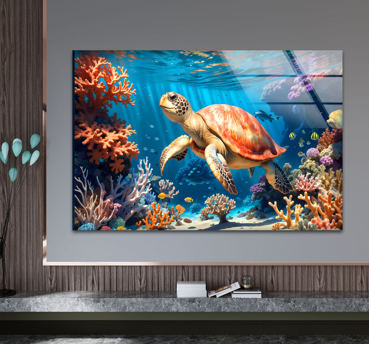 Sea Turtle Underwater Wall Art – Coral Reef Ocean Scene Glass Print