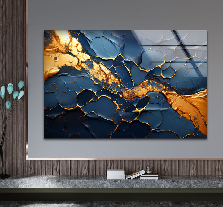 Dark Blue and Gold Abstract Wall Art – Cracked Fluid Glass Print Design