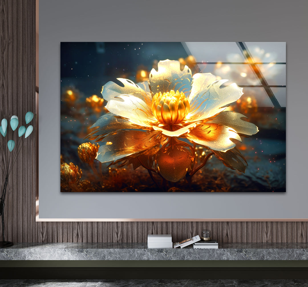 Golden Bloom Glass Wall Art – Luminous Abstract Flower Print