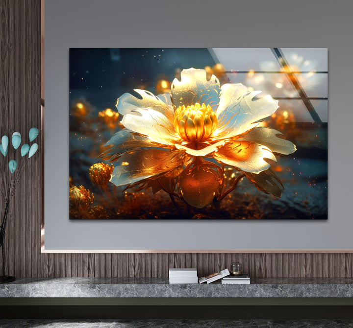 Golden Bloom Glass Wall Art – Luminous Abstract Flower Print