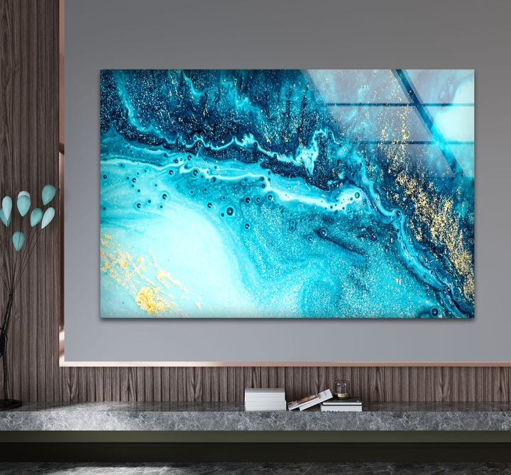 Blue and Gold Abstract Wall Art – Ocean-Inspired Glass Print Design