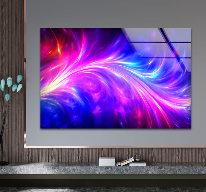 Wandkunst mit kosmischer Energie – Lebendiger abstrakter Glasdruck mit Neonwirbel 