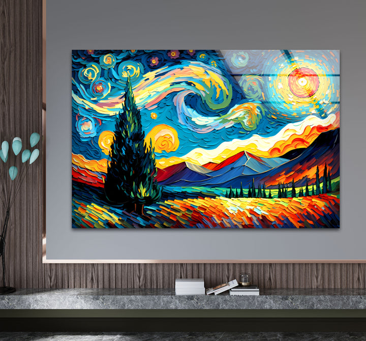 Sternennacht-Landschaftswandkunst – Van Gogh inspirierter bunter Glasdruck