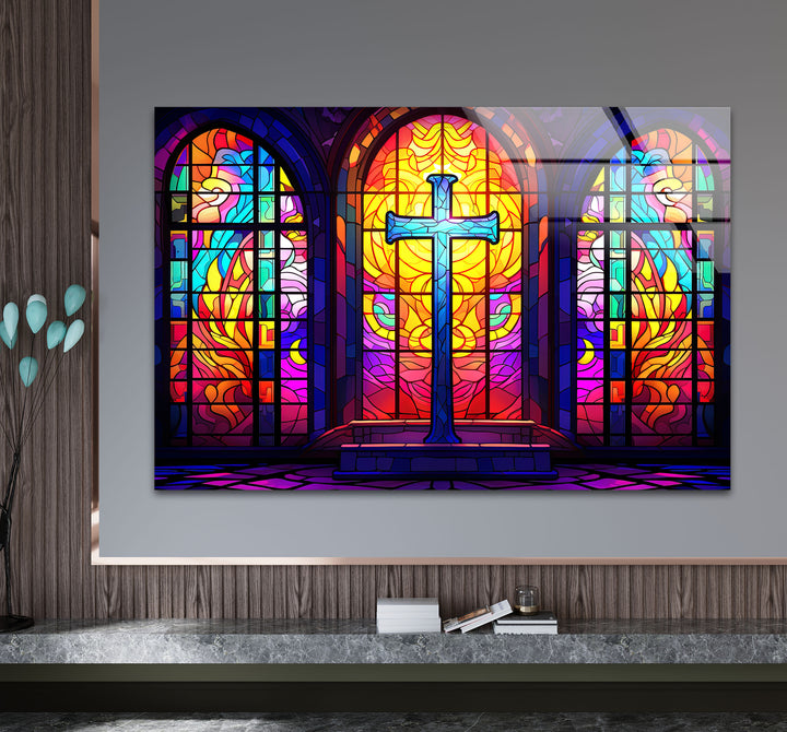 Stained Glass Church Cross Wall Art – Colorful Christian Glass Print Design
